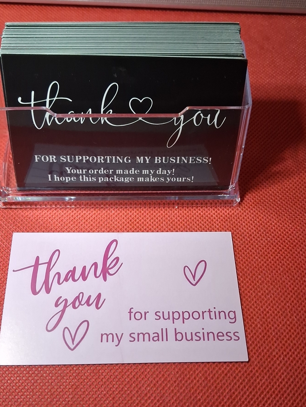 One Clear Acrylic Card Holder with 50ea Pink TY Cards And 50ea Black TY Cards.
